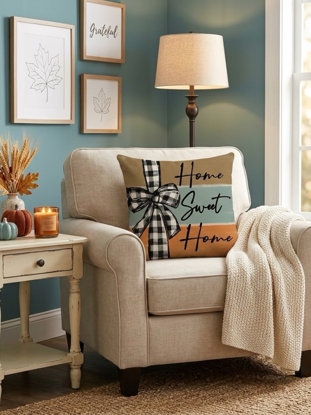 Fall Colorblock Home Sweet Home Plaid Ribbon Pillow Cover & Pillow Insert 16”x16